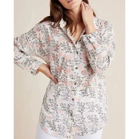 Anthropologie Enchanted Floral Button Down Printed Embroidered Tunic Top M L - Picture 1 of 11